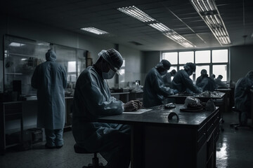 Men doctors at work inside hospital. Generative AI