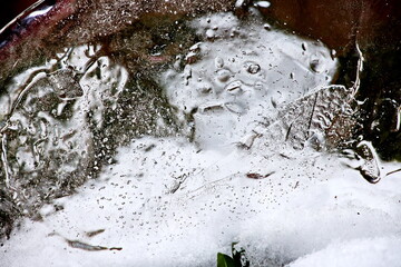 Abstract ice pattern and drawing appearing on the surface of the water when freezing. Refraction and play of light. Background and basis for wallpaper.