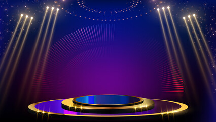Golden Blue Award Background. Jubilee Night Decorative Invitation. Stage platform with spotlight. Wedding Entertainment Hollywood Bollywood Night. Elegant Luxury Steps Floor.