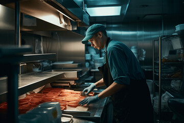 man works in a Fast Food Kitchen. Generative AI