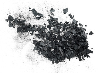 Wooden charcoal - charcoal pieces scattered isolated on a white background, top view.