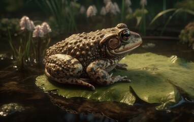 A frog or toad sits on a lily pad in a pond swamp background rainforest frog Generative AI