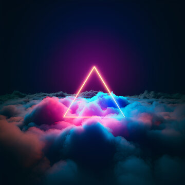 3D Shape Render, Abstract neon triangle illuminated cloud on dark night sky. Glowing geometric shape