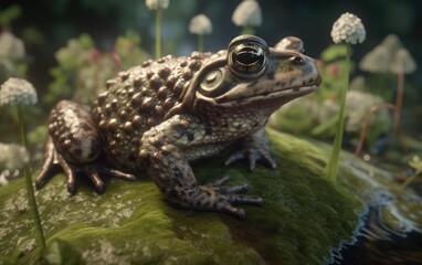 Fototapeta premium A frog or toad sits on a lily pad in a pond swamp background rainforest frog Generative AI