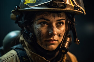 Female firefighter isolated in full bunker gear . Generative AI