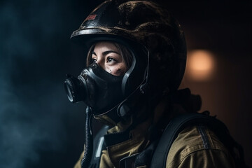 Fototapeta premium Female firefighter isolated in full bunker gear . Generative AI