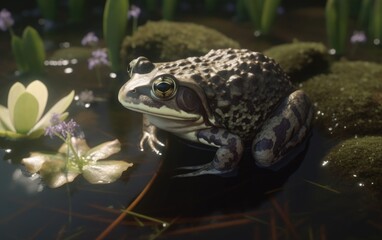 Fototapeta premium A frog or toad sits on a lily pad in a pond swamp background rainforest frog Generative AI