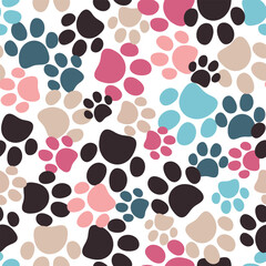 Naklejka na ściany i meble Seamless pet paw pattern. Cat or dog footprint background. Vector illustration. It can be used for wallpapers, wrapping, cards, patterns for clothes and other.