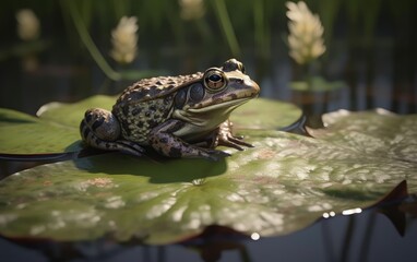 A frog or toad sits on a lily pad in a pond swamp background rainforest frog Generative AI