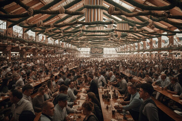 abstract, Oktoberfest Bavaria crowd in beer tent. Generative AI