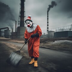 person in clown mask sweeping next to a coal power plant