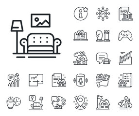 Home interior sign. Floor plan, stairs and lounge room outline icons. Furniture line icon. Living room symbol. Furniture line sign. House mortgage, sell building icon. Real estate. Vector