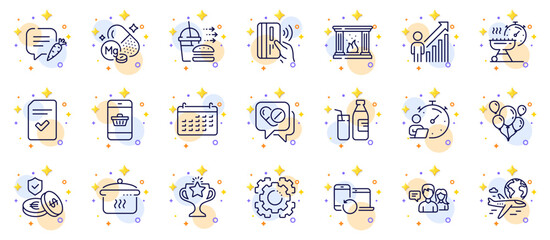 Fototapeta na wymiar Outline set of Savings insurance, Grill time and Balloons line icons for web app. Include Calendar, Timer, Employee result pictogram icons. Recovery devices, Seo gear, Smartphone buying signs. Vector