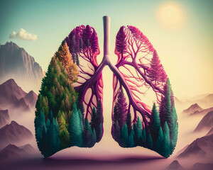 3d render of lungs blended with forest trees and mountains background