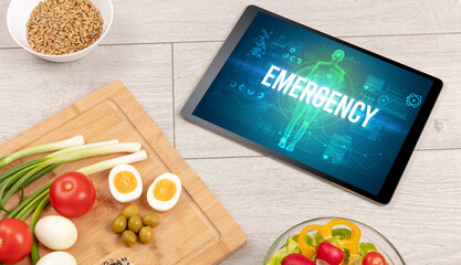 Tablet Pc with fruits, medical concept