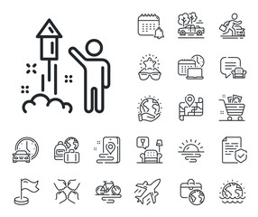 Christmas or New year rocket sign. Plane jet, travel map and baggage claim outline icons. Fireworks line icon. Pyrotechnic symbol. Fireworks line sign. Car rental, taxi transport icon. Vector
