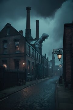 A dark Victorian industrial district, Coal fog, wet and dirty street, Peaky Blinders style