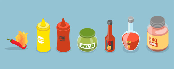 3D Isometric Flat Vector Set of Hot Sauces, Various Spicy Dressings