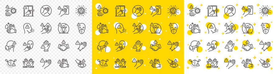 Stop touch face, eyes and medical mask. Touch warning line icons. Covid cough symptoms, wash and disinfect hands icons. Do not press lift buttons, protect face with medical mask. Vector