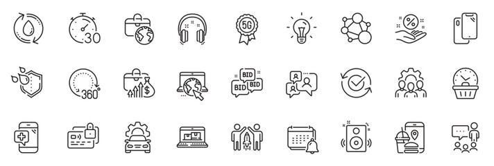 Fototapeta na wymiar Icons pack as Speakers, Card and Car service line icons for app include Refill water, Bid offer, 360 degrees outline thin icon web set. Team work, People chatting, Medical phone pictogram. Vector