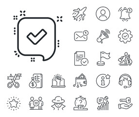 Accepted or confirmed sign. Salaryman, gender equality and alert bell outline icons. Approve line icon. Speech bubble symbol. Confirmed line sign. Spy or profile placeholder icon. Vector