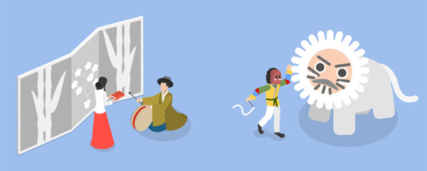 3D Isometric Flat Vector Conceptual Illustration of Korean Culture, Traditional Symbols and Objects