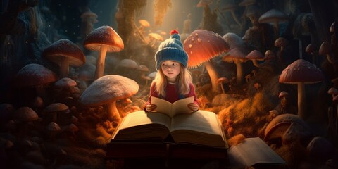 child reading a fantasy book surrounded by imaginary mushrooms