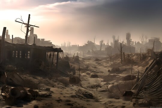 old abandoned city, post-apocalypse, desolated wasteland, illustration, Ai generative, 