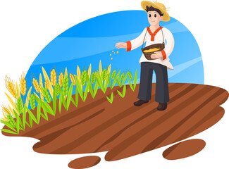 Farmer sowing wheat grains in a wheat field. Farming and agriculture cartoon flat concept illustration. Isolated on white background.