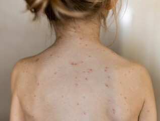 Chickenpox, varicella virus or vesicular rash on little girl body and face. Close-up back of Kid with red pimples