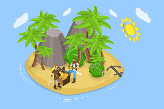 3D Isometric Flat Vector Conceptual Illustration of Pirate Treasure Island, Tropical Beach with Palm Trees