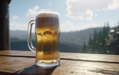 A glass of lager beer on a table on a mountain background fresh light beer illustration Generative AI