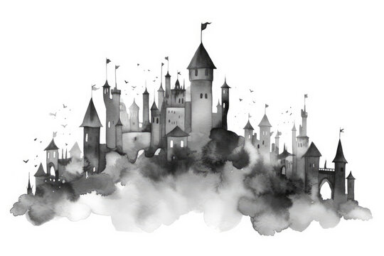 Wizard castle watercolor silhouette illustration.