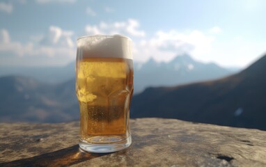 A glass of lager beer on a table on a mountain background fresh light beer illustration Generative AI