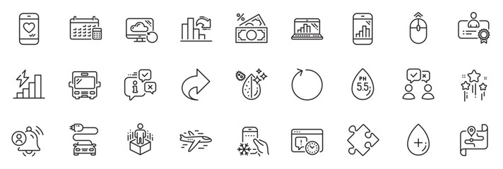 Fototapeta na wymiar Icons pack as Car charge, Airplane and Certificate line icons for app include Loop, Graph laptop, Money tax outline thin icon web set. People voting, Stars, Bus pictogram. Map. Vector