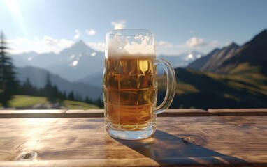 A glass of lager beer on a table on a mountain background fresh light beer illustration Generative AI