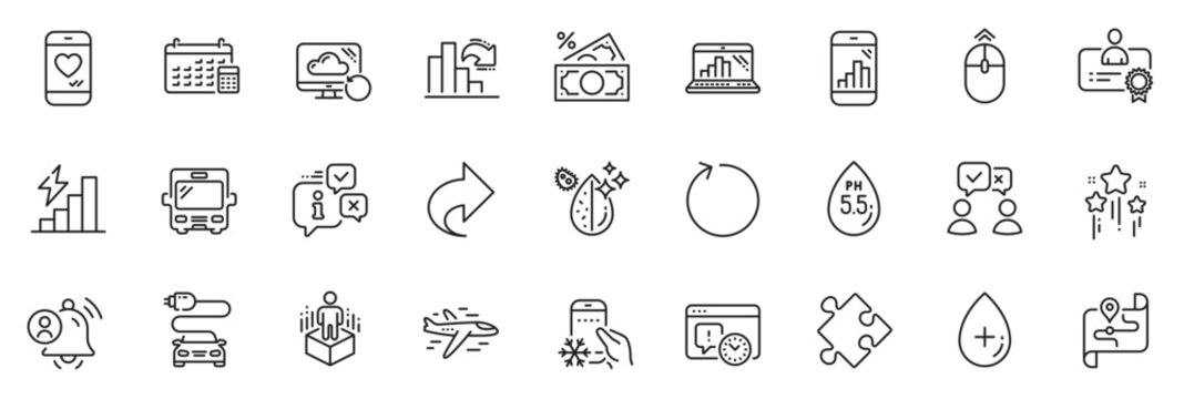Icons pack as Car charge, Airplane and Certificate line icons for app include Loop, Graph laptop, Money tax outline thin icon web set. People voting, Stars, Bus pictogram. Map. Vector