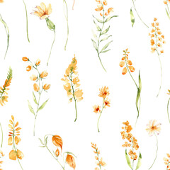 Watercolor seamless pattern of minimalistic field wild flowers, floral print in png. Hand painted summer meadow flowers. Botanical digital paper.