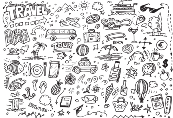 Vlies Fototapete Cartoon-Autos Hand drawn travel doodles, vector illustration set