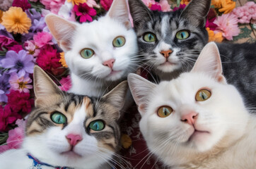 4 friends cats with flowers