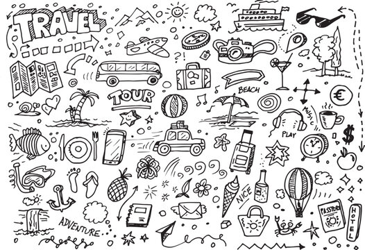 Hand drawn travel doodles, vector illustration set