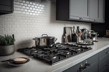 A contemporary kitchen with minimalist white and gray decor. Includes a gas stove and cooking pan in a close-up view. Generative AI