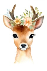 Watercolor cute deer with flower crown. Vector Illustration of woodland animal. Nursery Art. Wall art. Isolated on white background. Generative AI