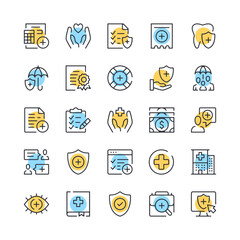 Health insurance line icons. Set of medical insurance icons. Black, blue and yellow colors. Modern outline graphic design. Vector line icons set