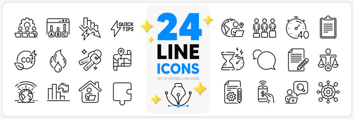 Icons set of Outsource work, Teamwork and Saving electricity line icons pack for app with Puzzle, Greenhouse, Hourglass timer thin outline icon. Map, Work home, Clipboard pictogram. Vector