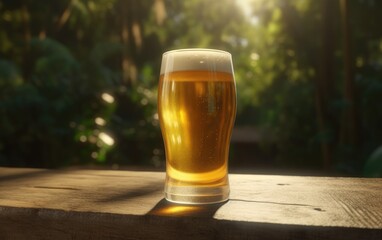 A glass of lager beer on a table on a jungle background fresh light beer illustration Generative AI