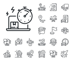 Parcel shipment sign. Plane, supply chain and place location outline icons. Delivery time line icon. Online express service symbol. Delivery online line sign. Taxi transport, rent a bike icon. Vector