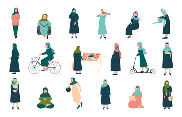 Arabic Muslim Woman Characters in Hijab Engaged in Different Activities Vector Set