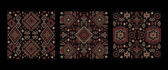 Trendy abstract aztec backgrounds. Set of vector cover templates, decorative african borders, geometric ethnic frames. Fashion print for textile, fabric. Set of tribal line patterns. Square templates