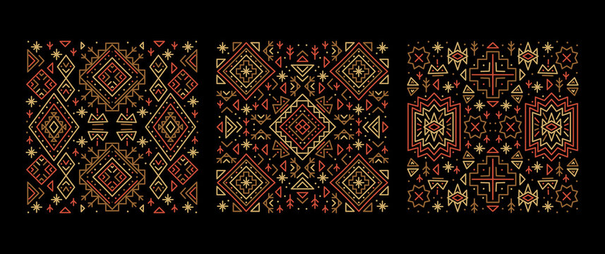 Trendy abstract aztec backgrounds. Set of vector cover templates, decorative african borders, geometric ethnic frames. Fashion print for textile, fabric. Set of tribal line patterns. Square templates